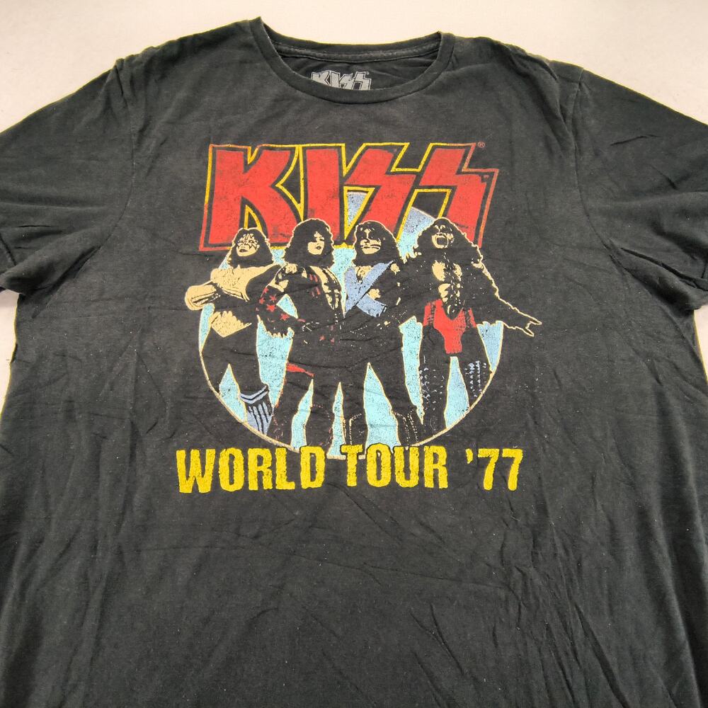 Kiss World Tour 77 Band Crew Neck Graphic T Shirt Mens Size Large L Black